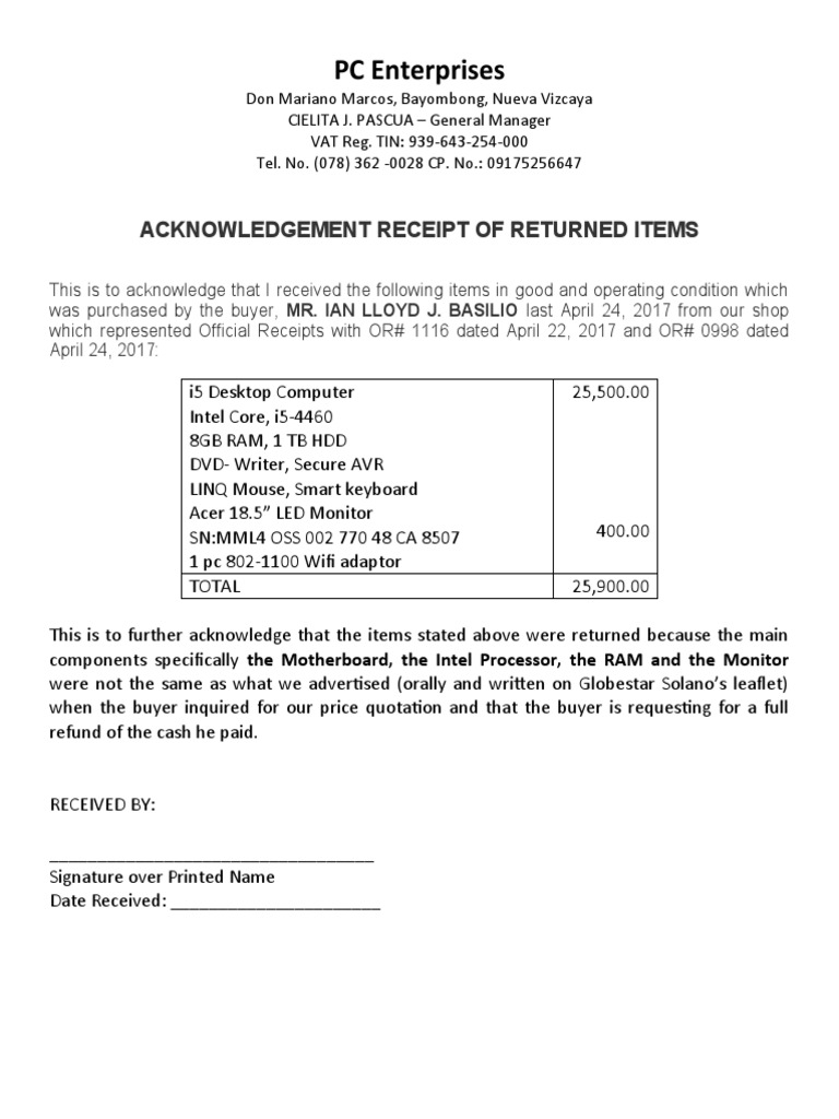 Acknowledgment of Returned Computer Items | PDF