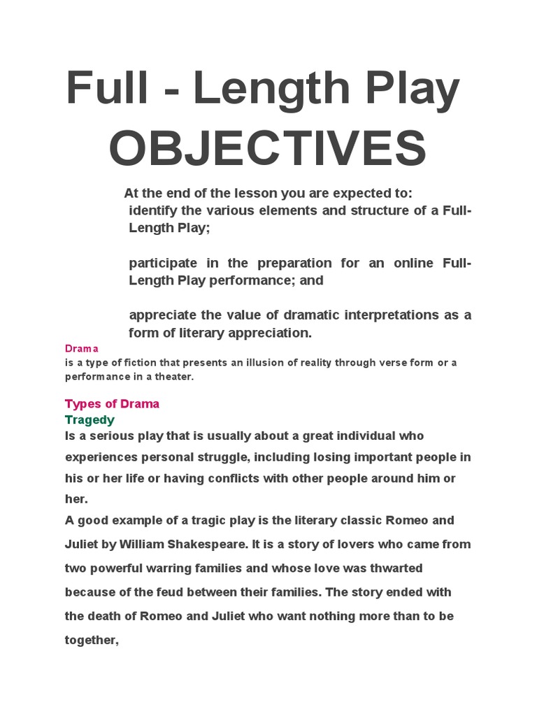 Objectives: Full - Length Play | PDF | Play (Theatre) | Romeo And Juliet