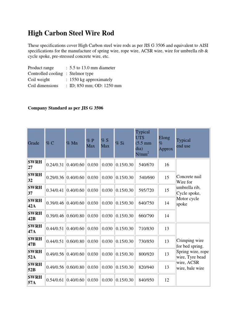 High Carbon Steel Wire Rod Specifications | PDF | Wire | Mechanical ...
