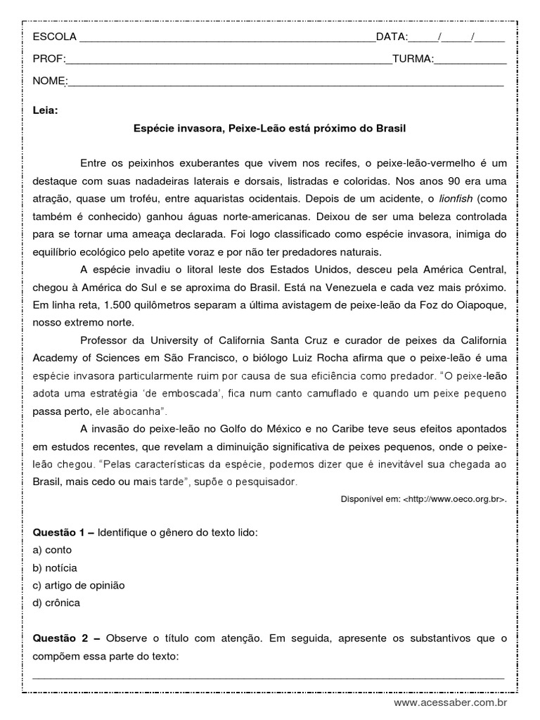 Atividade de Portugues Questoes Sobre Substantivos 8º Ano PDF | PDF ...