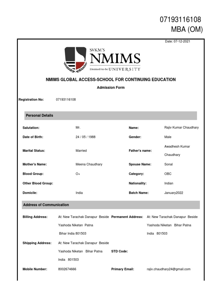 NMIMS MBA Admission Form Details | PDF | Educational Stages