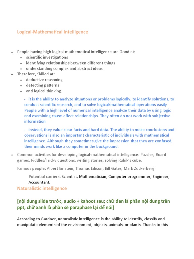 Logical and Naturalistic Intelligence PPT Content | PDF | Intelligence ...