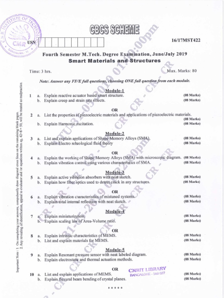 Vtu Question Paper of 16mst422 Smart Materials and Structures Jun2019