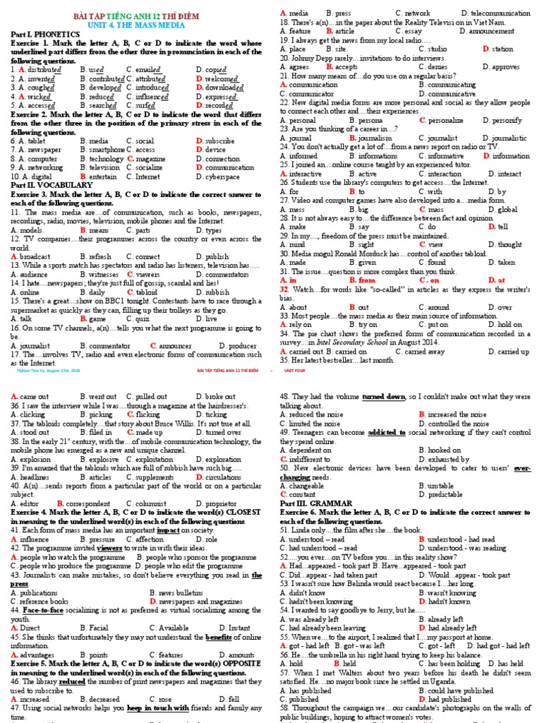 English Exercises for Unit 4 Media | PDF | Mass Media | Communication
