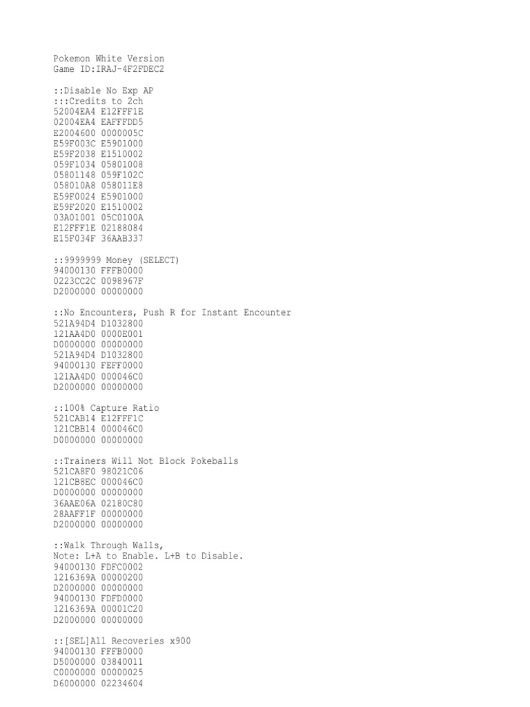 Pokemon White Action Replay Codes Pdf Series Of Children S Books Japanese Games
