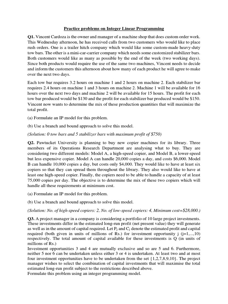 Practice Problems On Integer Linear Programming Problems | PDF | Linear ...