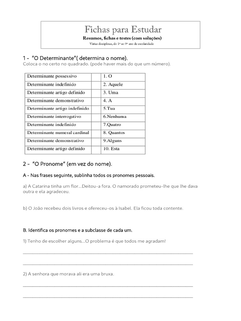 Pronomes e Determinantes em Frases | PDF