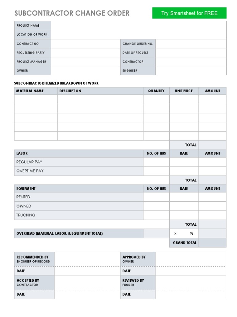 IC Subcontractor Change Order Template 10766 PDF | PDF