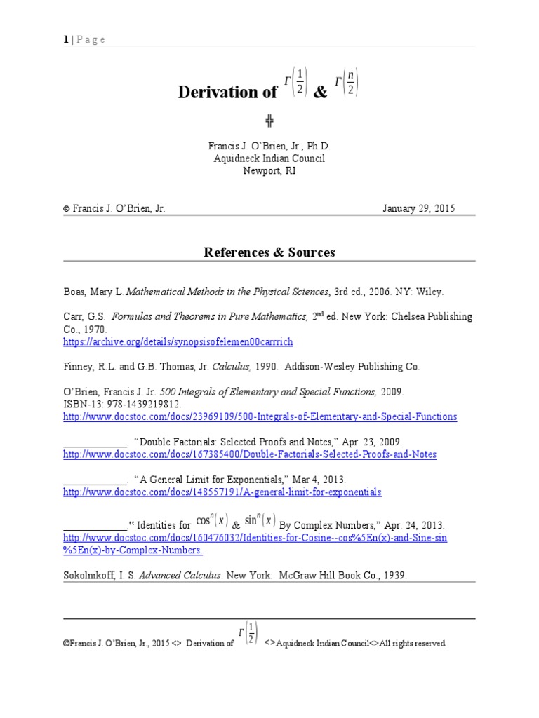 Derivation of Gamma (N Over 2) | PDF | Sine | Pi
