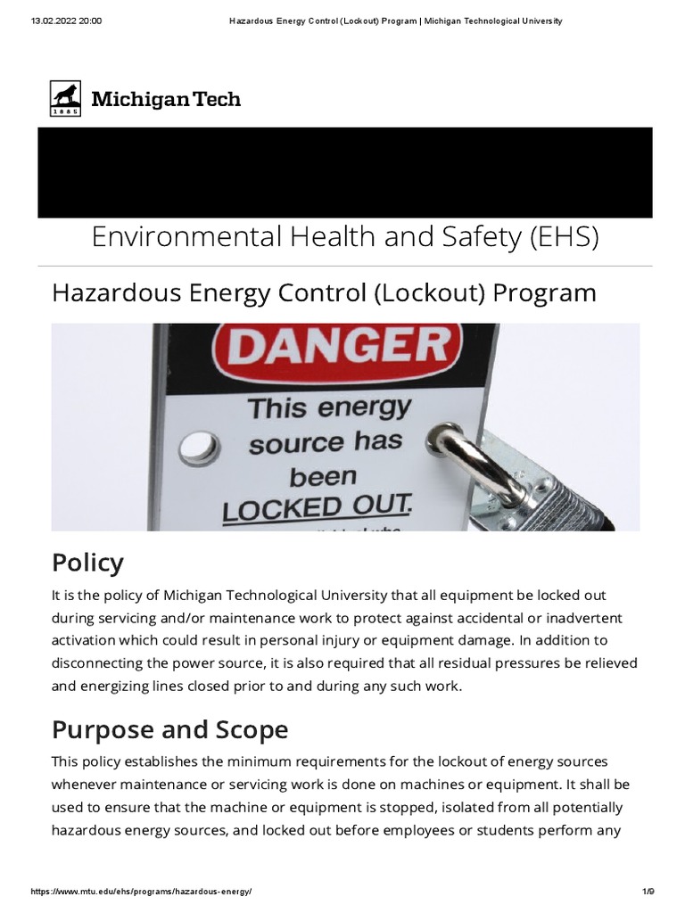 Hazardous Energy Control (Lockout) Program Michigan Technological