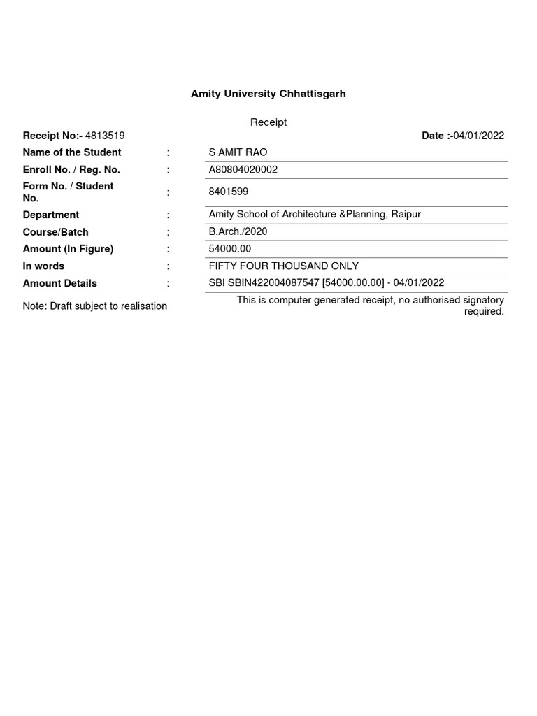 Amity University Chhattisgarh: Receipt | PDF