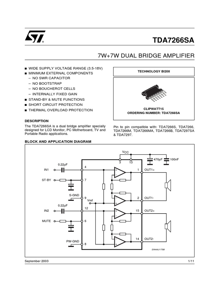 TDA7266SA: 7W+7W Dual Bridge Amplifier | PDF | Amplifier | Power Supply