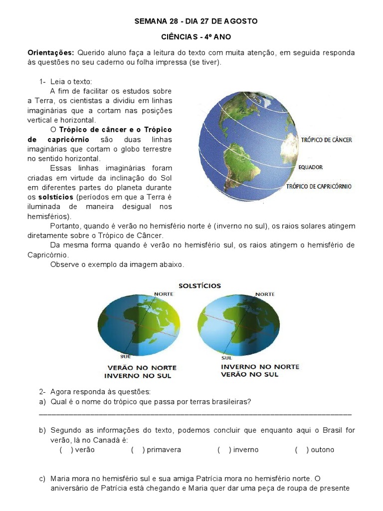 Ciências 4° Ano - Sem. 28 de 27 de Agosto, PDF, Trópicos