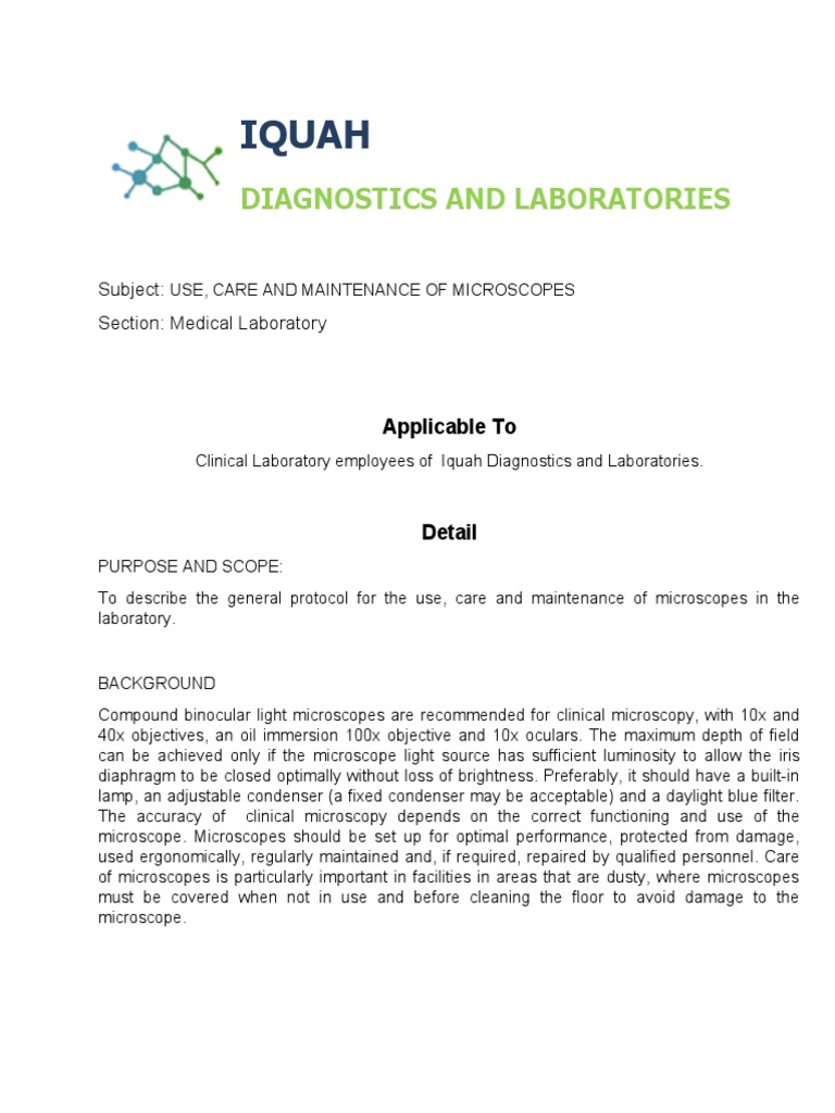 SOP For Microscope Maintenance PDF Microscopy Microscope