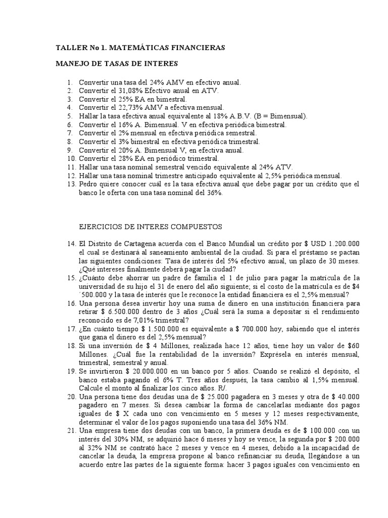 Taller de Matemáticas Financieras: Tasas e Intereses | PDF | Interés ...