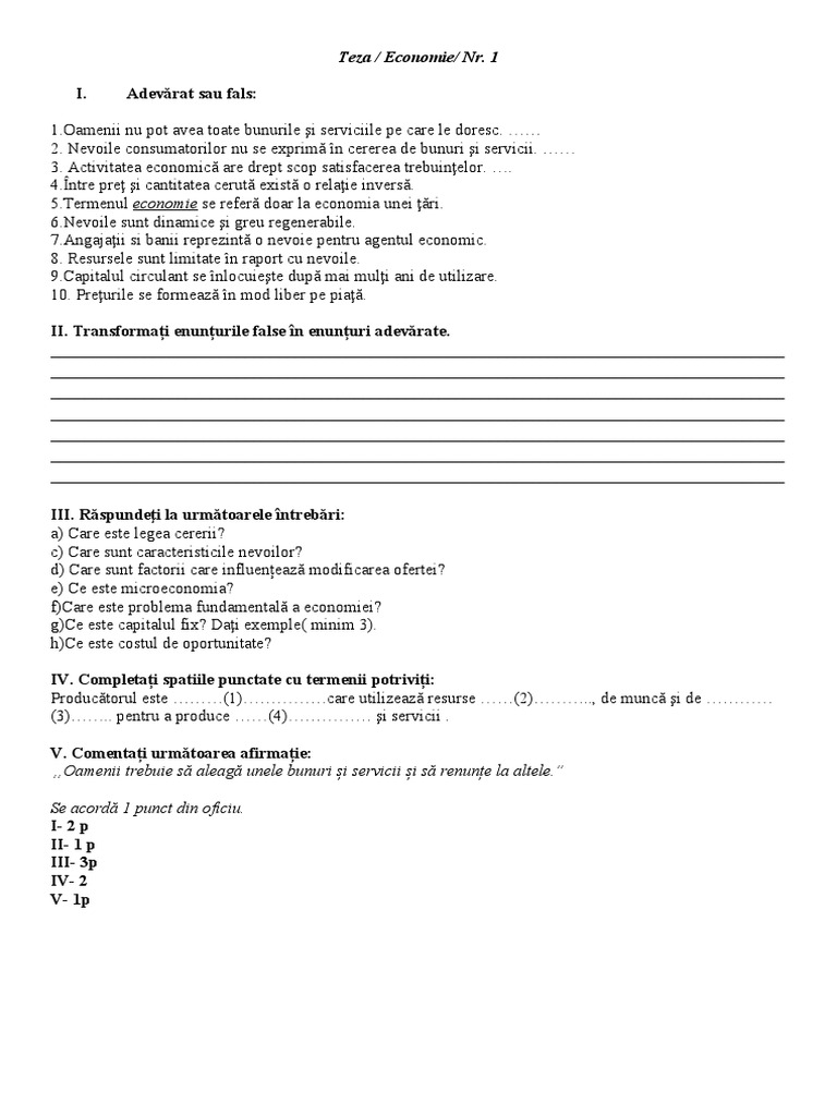 Test Economie (Clasa 11) | PDF