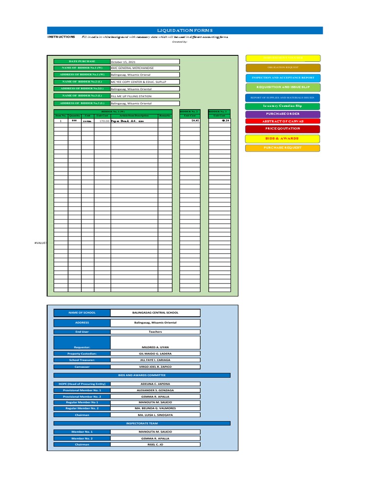 Liquidation Forms and Documents for School Supply Purchases PDF Printer