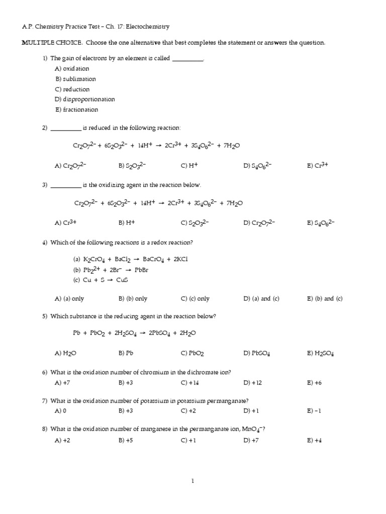 AP Practice Test MC With Key | PDF | Redox | Electrochemistry
