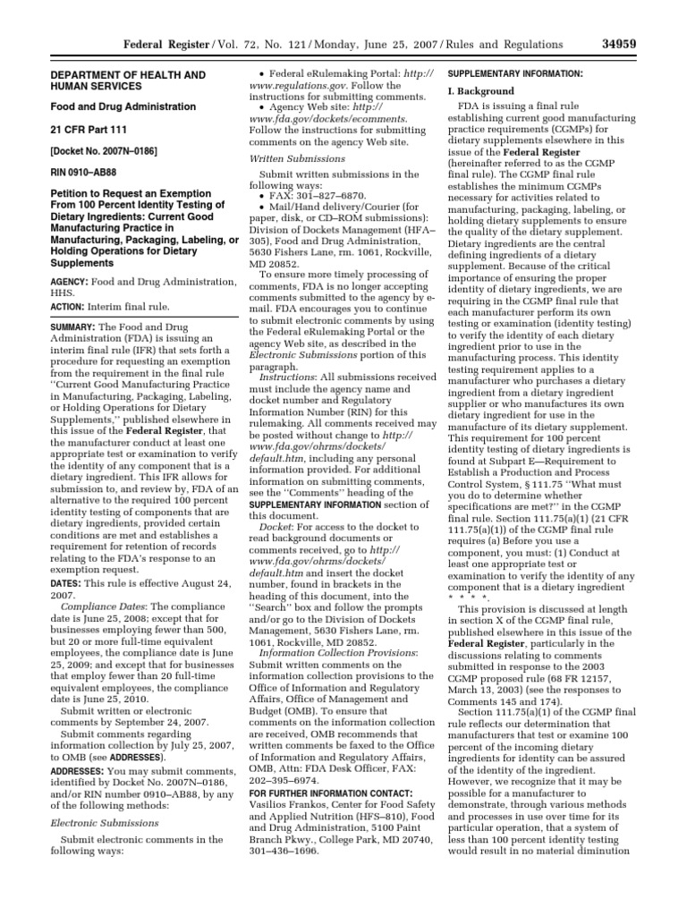 Cgmp Regulations For Dietary Supplements