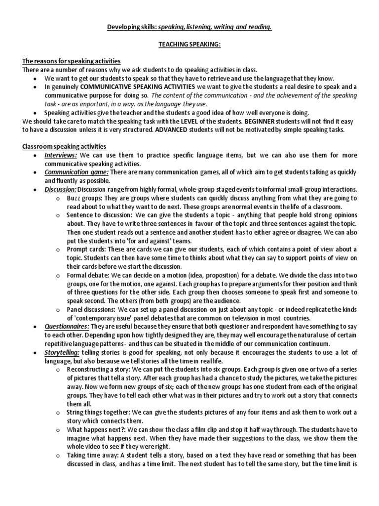 Developing Skills Speaking, Listening, Writing and Reading. | Download ...