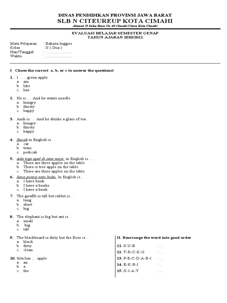 Soal Bahasa Inggris Kelas 2 Sd