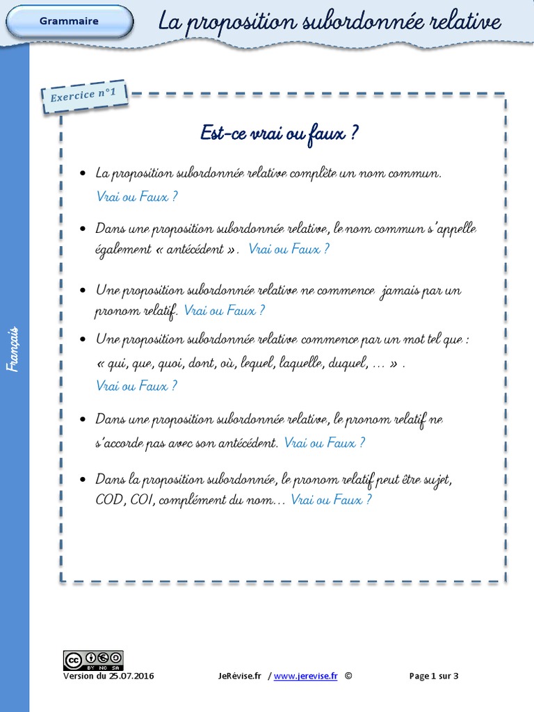 Exercices Sur Les Propositions Subordonnees Exercices Propositions Subordonnees Relatives | PDF | Clause | Mécanique du  langage