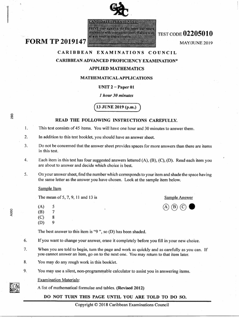 CAPE Applied Mathematics 2019 U2 P1 | PDF