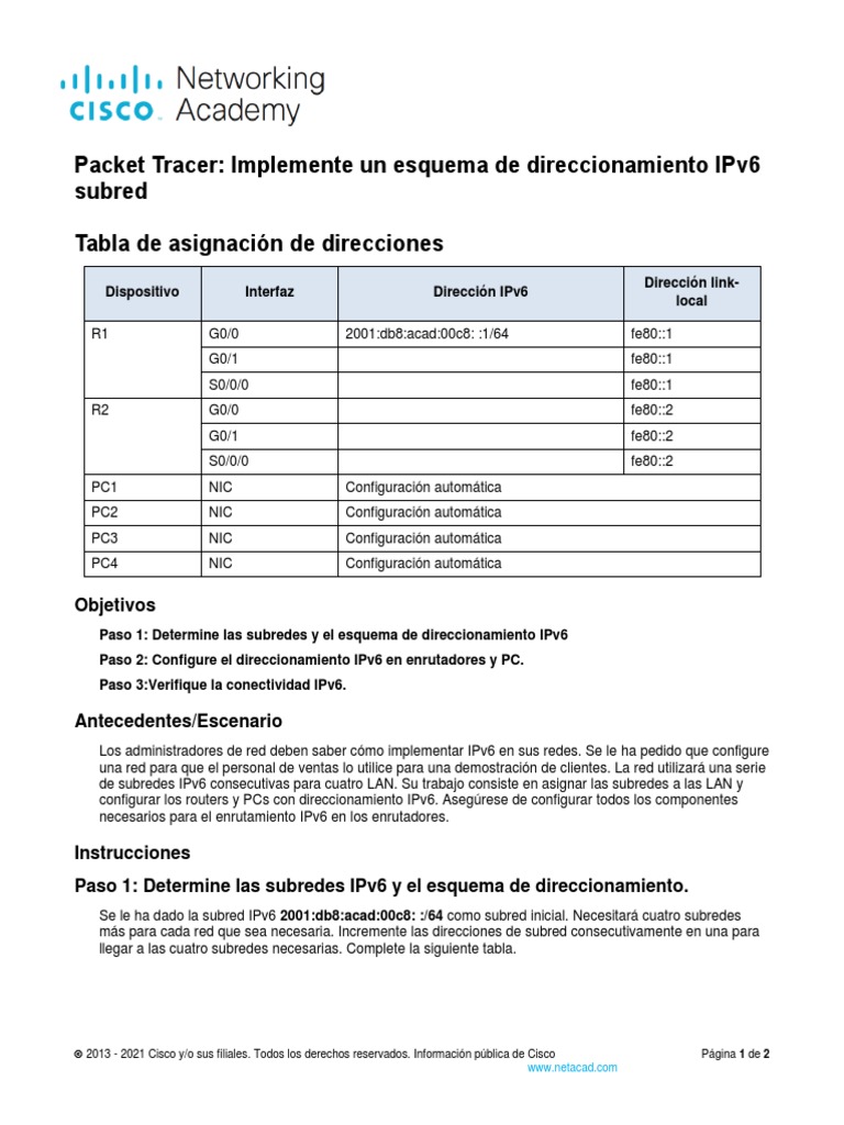 12.9.1 Packet Tracer Implement A Subnetted Ipv6 Addressing Scheme Es XL ...