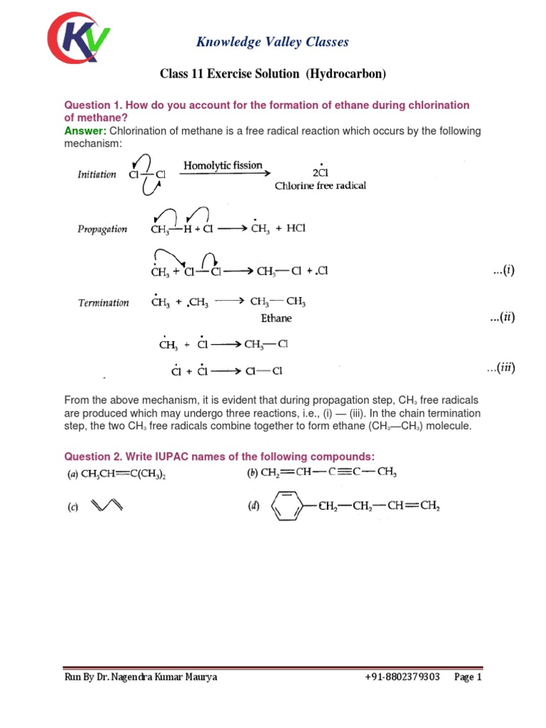 Class 11 Hydrocarbon Exercise Solutions | PDF | Alkene | Aromaticity
