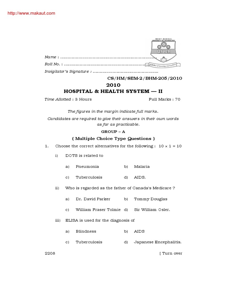 Hospital & Health System Exam BHM-205 | PDF | World Health Organization ...