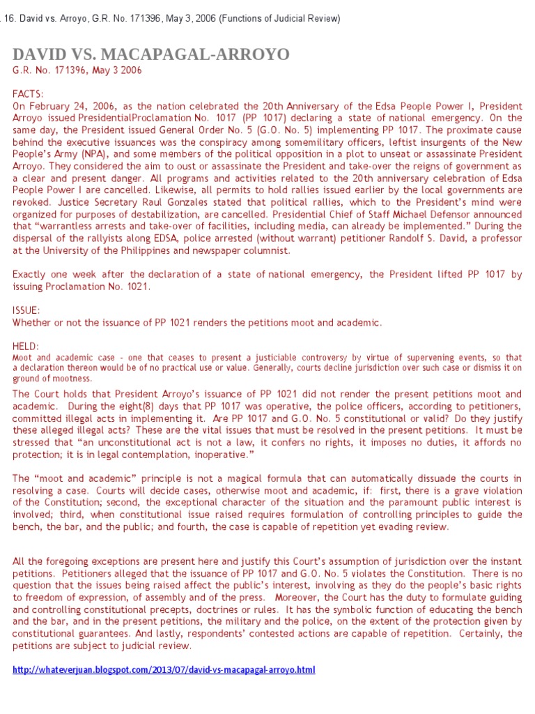 Digest 16 david vs arroyo g r no 171396 pdf mootness public