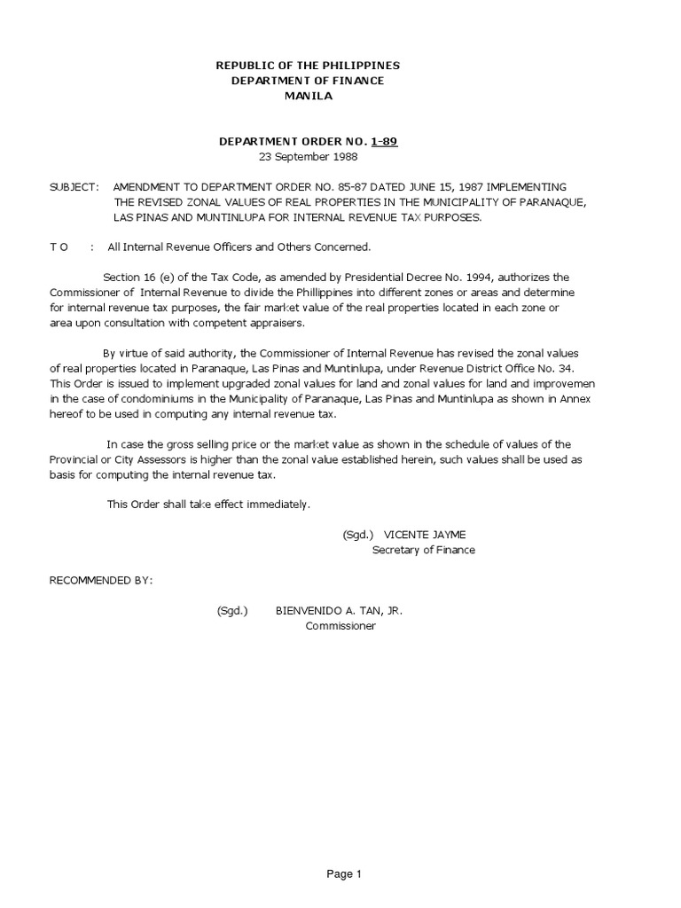 DEPARTMENT ORDER NO. 1-89 RDO No. 53B - Muntinlupa City | PDF | Taxes ...