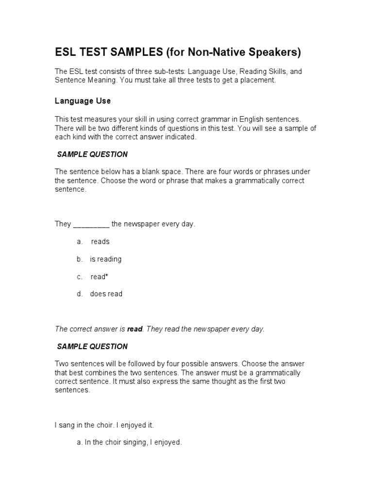 Esl Test Samples PDF Question English As A Second Or Foreign Language