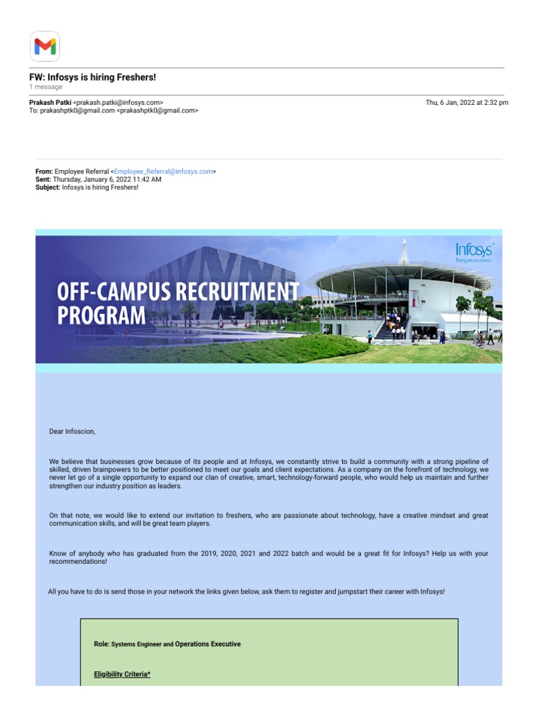 Gmail - FW - Infosys Is Hiring Freshers! | PDF | Science