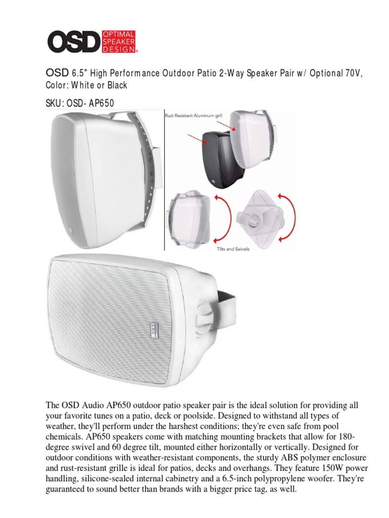 SKU OSDAP650 6.5" High Performance Outdoor Patio 2Way Speaker Pair