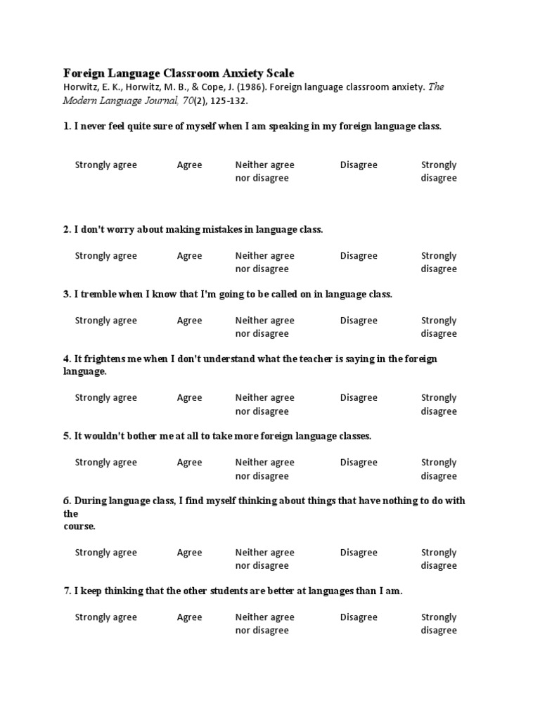 Foreign Language Classroom Anxiety Scale | PDF | Foreign Language ...