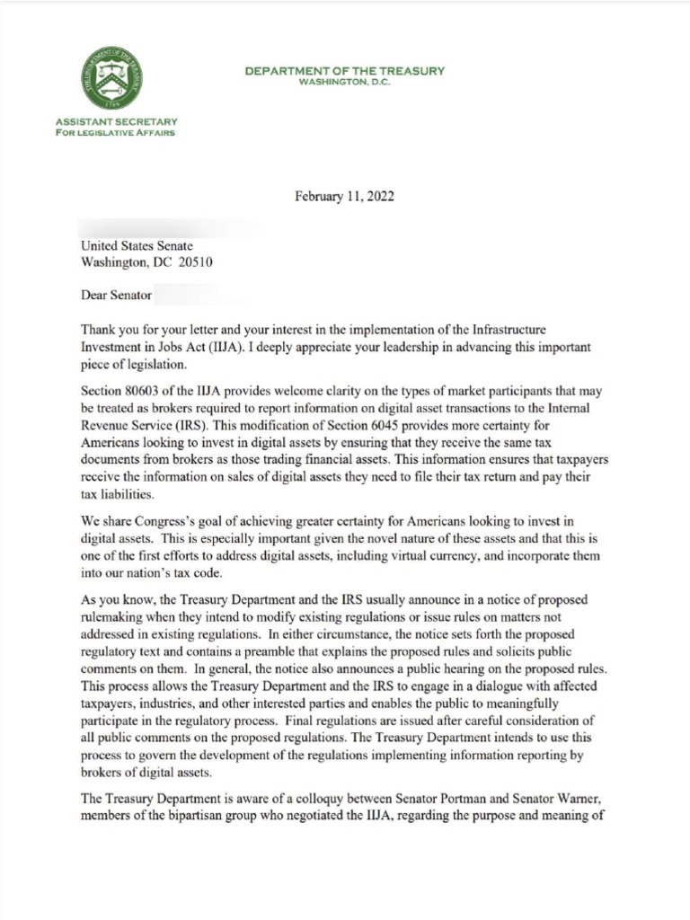 Treasury Letter On Broker Definition | PDF