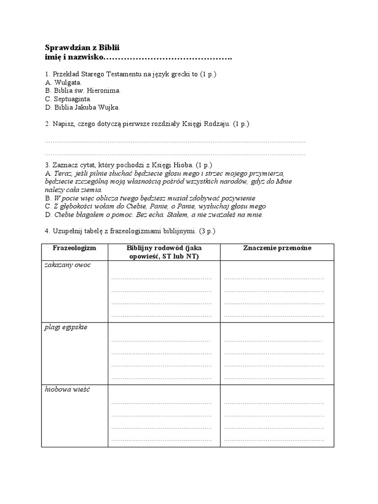 Sprawdzian Z Biblii Wersja A PDF