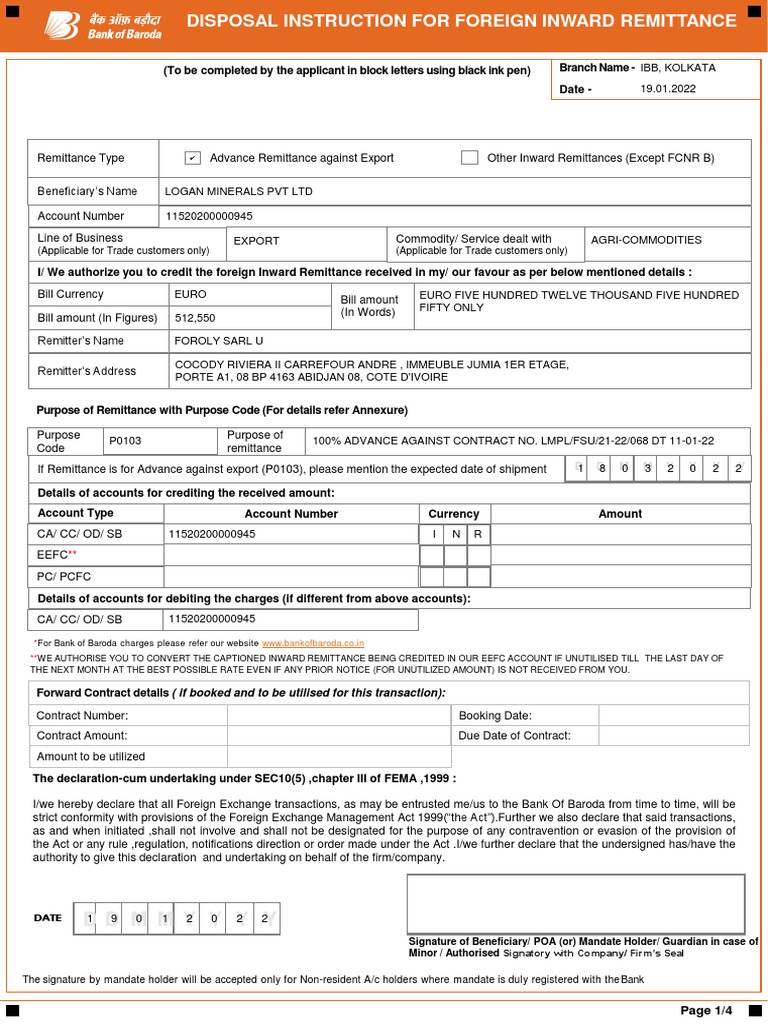 BOB Foreign Inward Remittance Application Form | PDF | Insurance | Debt