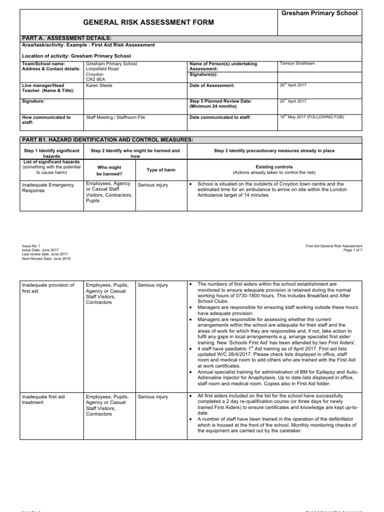 First Aid Risk Assessment June 2017 | PDF | First Aid | Risk