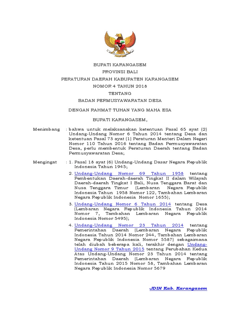 Peraturan Daerah BPD Karangasem 2018 | PDF
