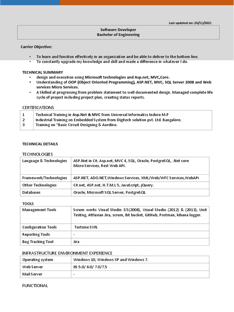 Software Developer Bachelor of Engineering Carrier Objective | PDF ...