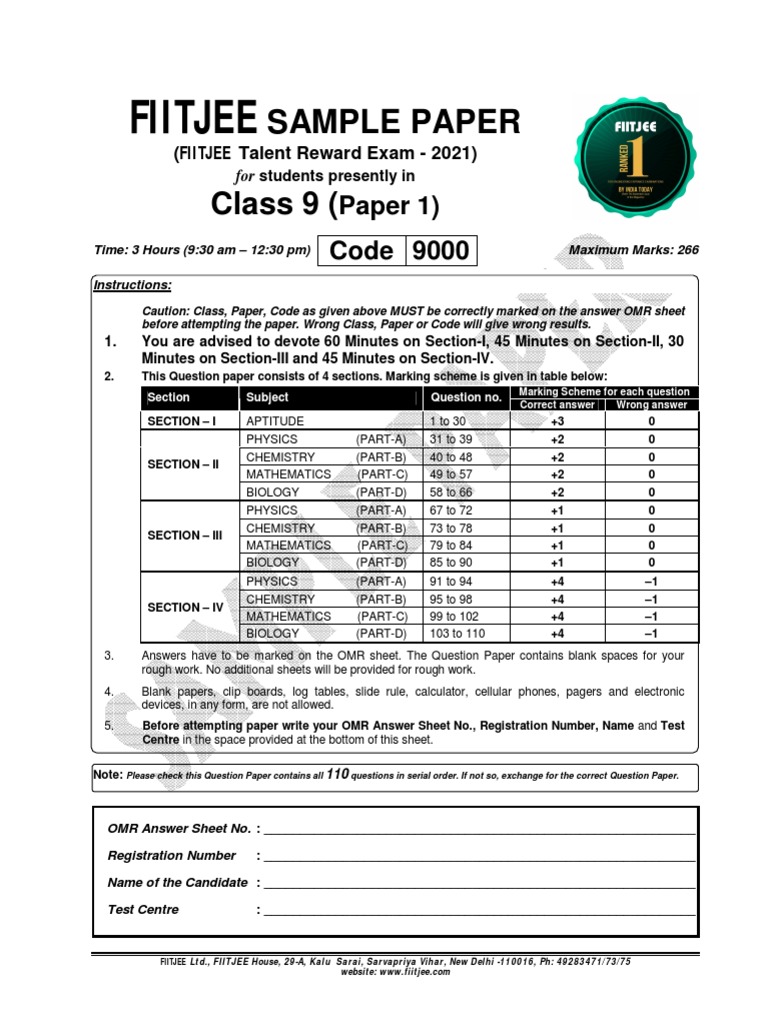 FIITJEE 2021 Class 9 Sample Paper | PDF | Cell (Biology) | Epithelium