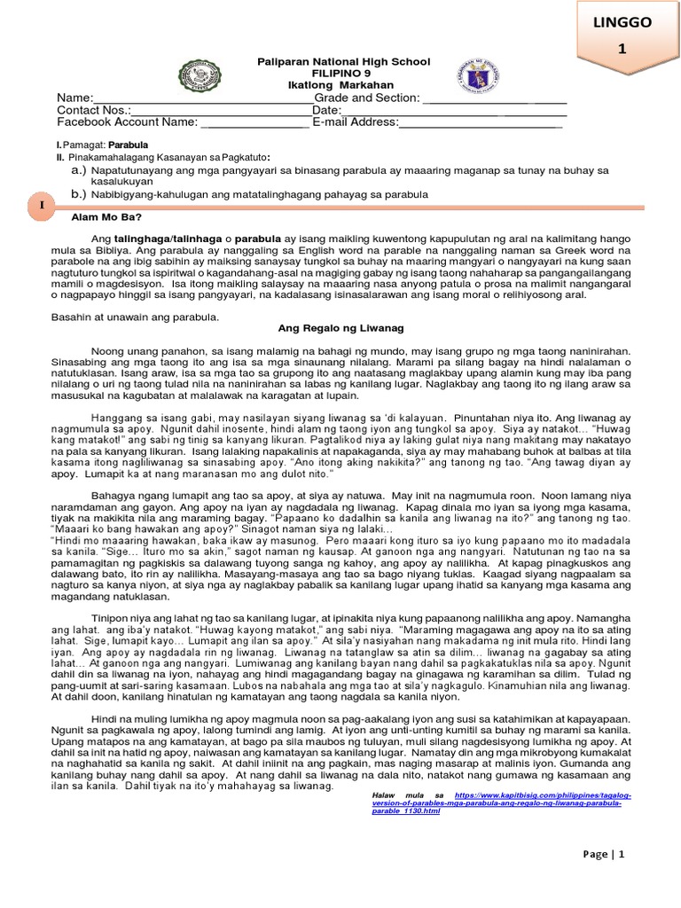 Filipino 9 Week 1 LAS 3rd Quarter | PDF