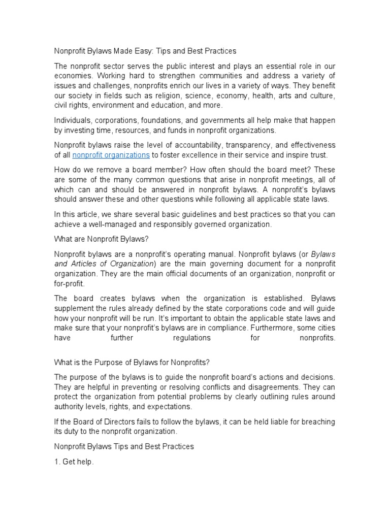 Nonprofit Bylaws Made Easy PDF Nonprofit Organization By Law