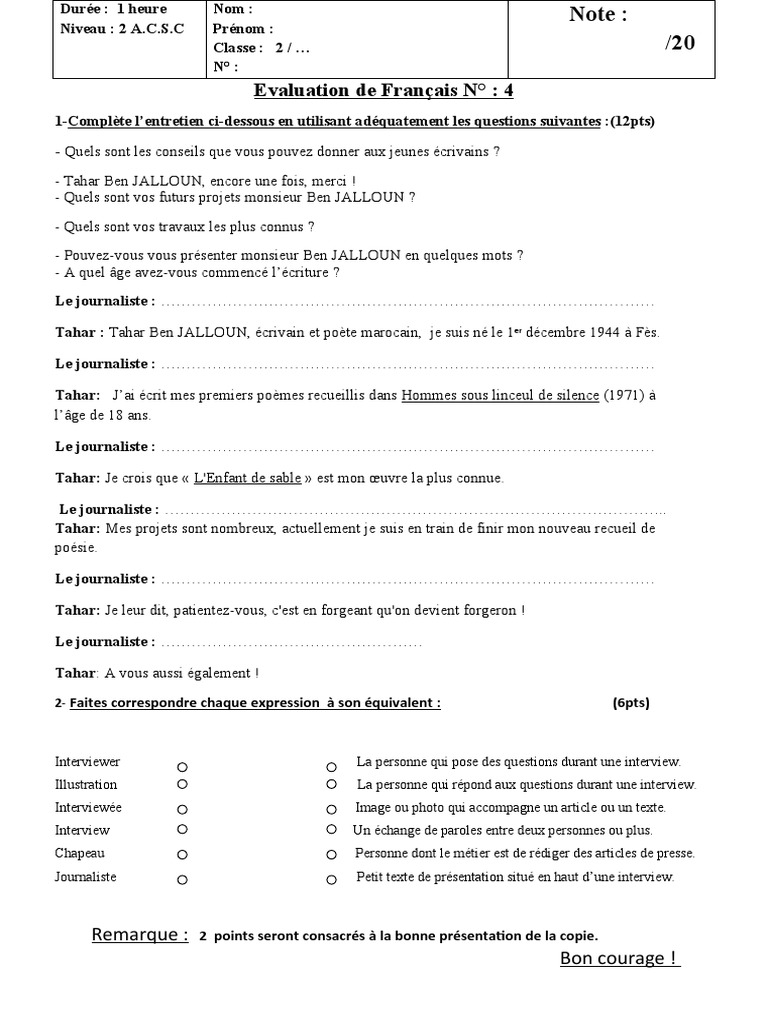 Exemple d'interview écrite avec Tahar Ben Jalloun | PDF