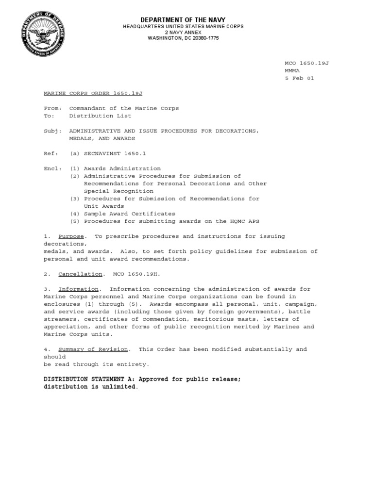 Secnavinst 1650.1f Mco 1650.19 And Mco P 1020.34