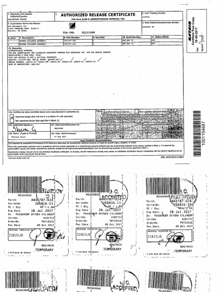 Authorized Release Certificate: FAA-PMA PQ5229N14 17. 19 | PDF | Aviation