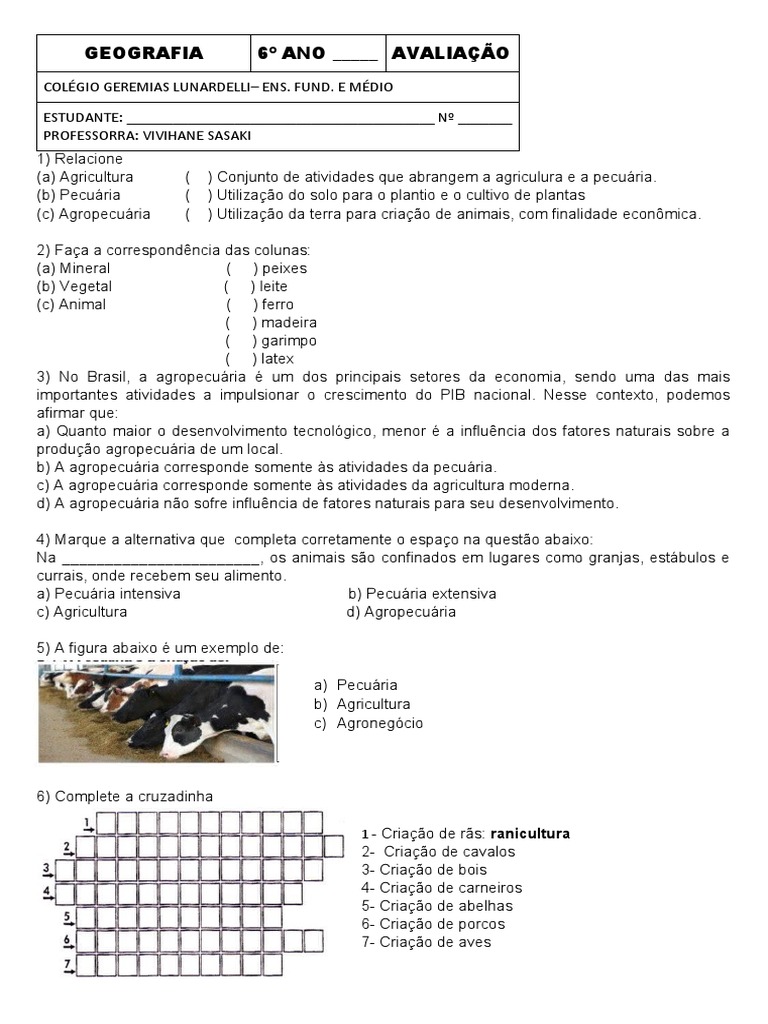 Avaliação 6 Ano | PDF | Agricultura | Revolução Verde