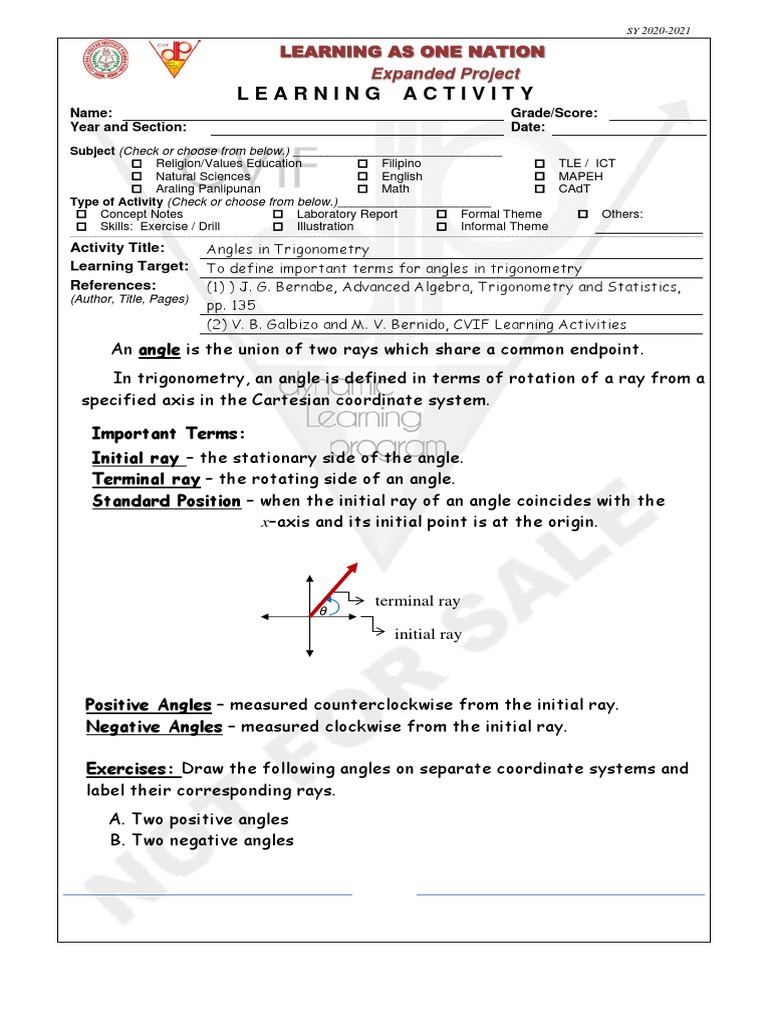 PreCalculus 11 - Q1 - 11a-Review - Angles | PDF | Angle | Cartesian ...